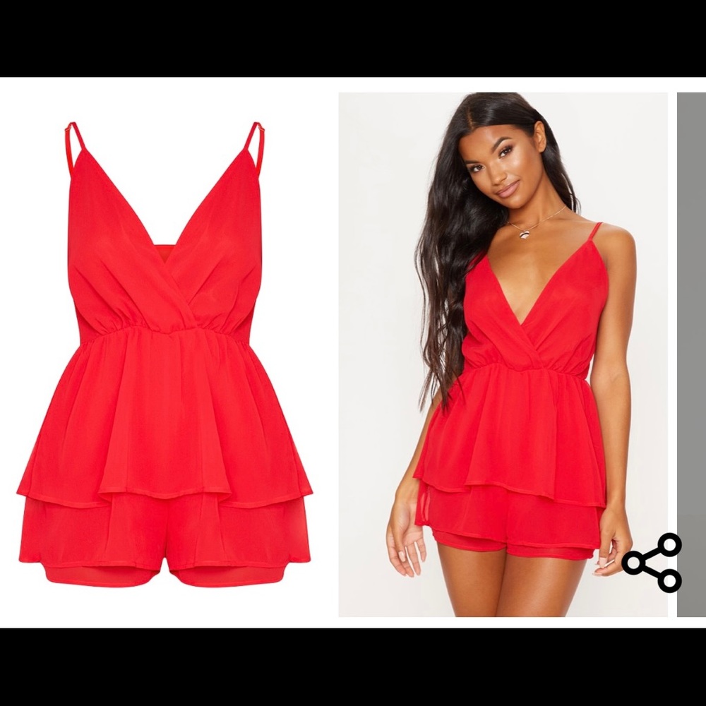 Pretty Little Thing Red Frill Layer Playsuit, Size US 10. Never Worn